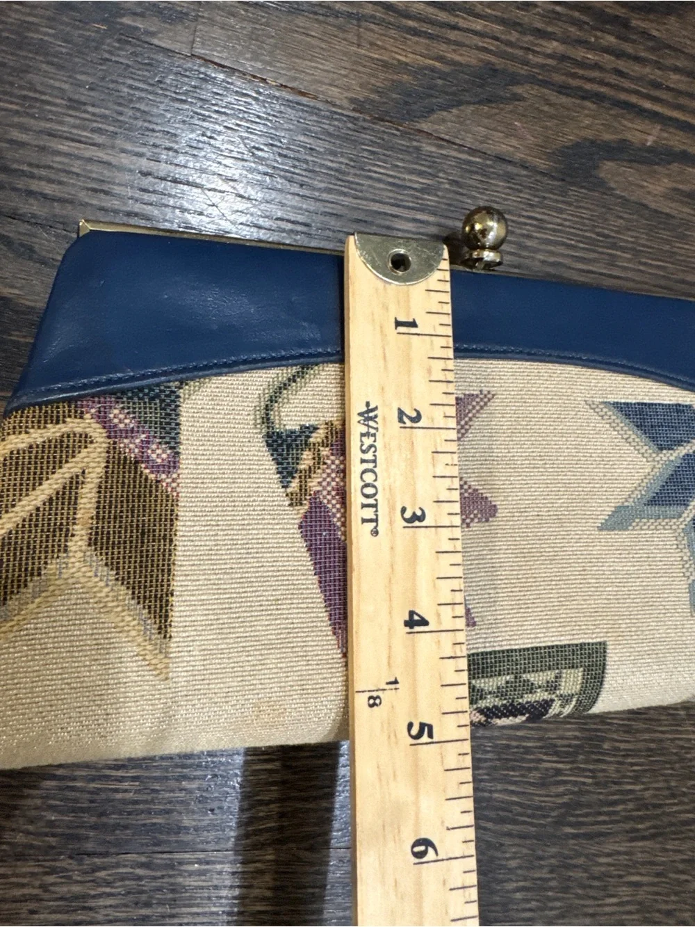 Vintage Floral Tapestry & Blue Leather Clutch Purse